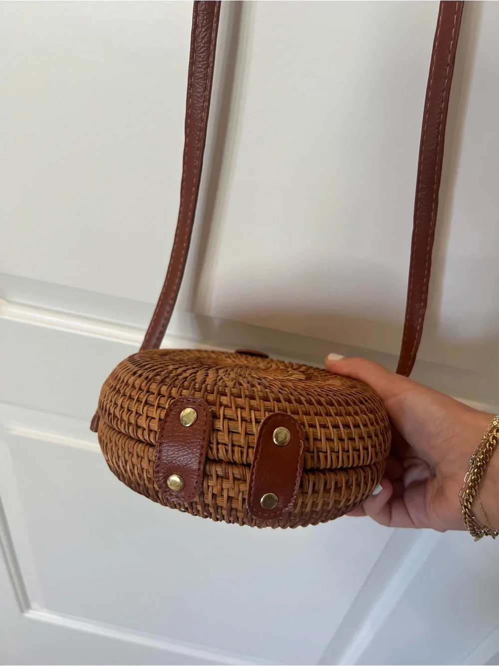 Round Rattan Woven Crossbody Bag in Brown